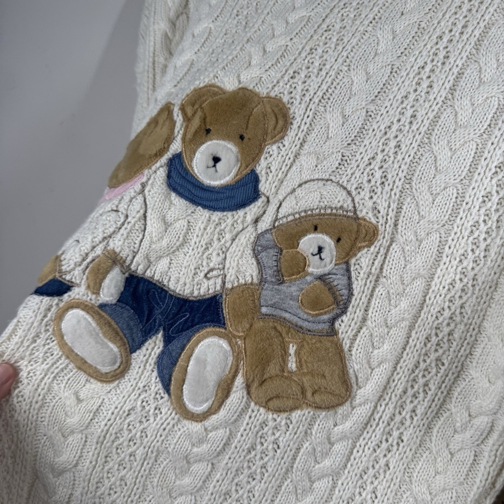 VTG Together! Sweater Womens L Cream Embroidered Teddy Bear Wool Cable Knit 90s - Picture 8 of 16